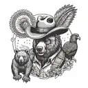 A teacher in a western cowboy hat, holding a rifle and standing next to a bear and turkey tattoo design idea