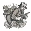 A teacher in a western cowboy hat, holding a rifle and standing next to a bear and turkey tattoo design idea
