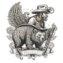 A teacher in a western cowboy hat, holding a rifle and standing next to a bear and turkey tattoo design idea