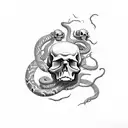 Skull with a snake crawling upwards. Smoke and flowers. Forearm tattoo. tattoo design idea