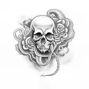 Skull with a snake crawling upwards. Smoke and flowers. Forearm tattoo. tattoo design idea