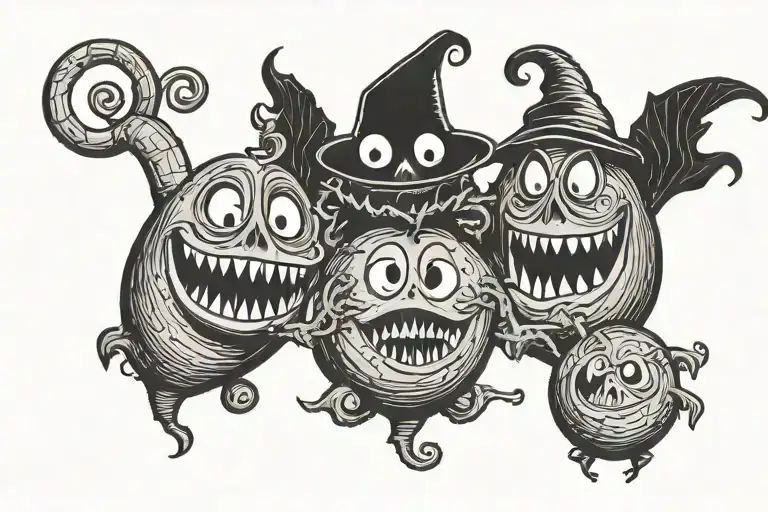 Lock shock and barrel from Tim burton's Nightmare before Christmas with their shadow in the shape of the Oogie boogie ma tattoo design idea
