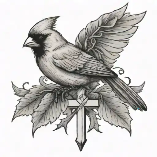 cardinal and cross tattoo design idea