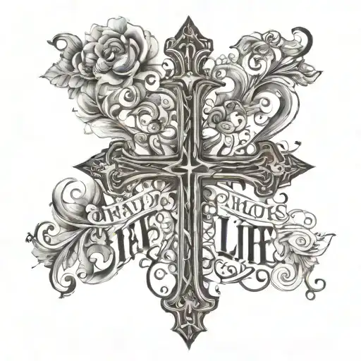 A cross consisting of words; whatever you do choose life, the thoughts on your mind choose life, wherever you go choose  tattoo design idea