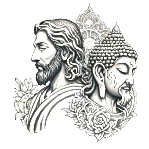 A modern interpretation of Jesus and Lord Buddha facing each other in a serene setting tattoo design idea