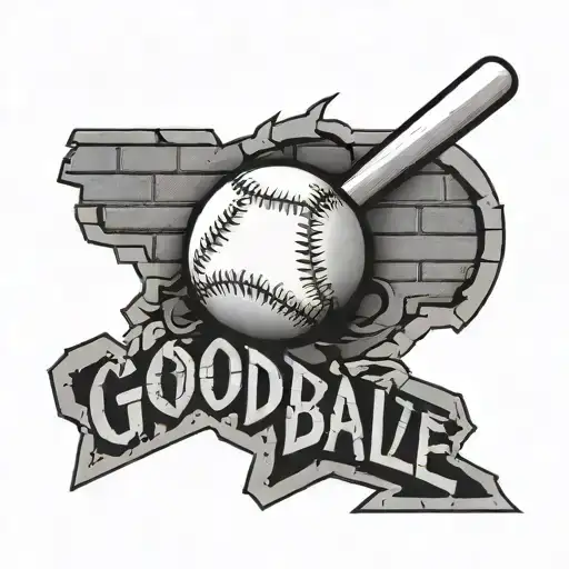 A black and grey tattoo of a baseball breaking through a brick wall with the name Goode written in graffiti style tattoo design idea