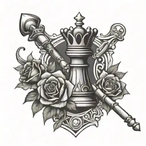 king chess piece and staff of ptah with roses  tattoo design idea