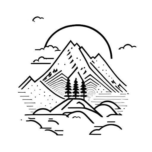 A minimalist tattoo of a hiker standing on top of a mountain peak, with the sky as the background tattoo design idea