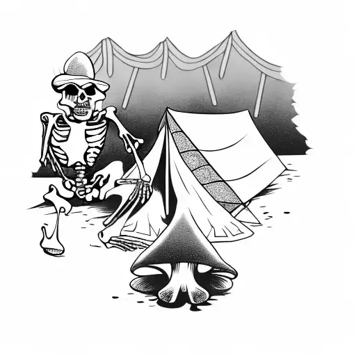 a skeleton and a tent with psychedelic mushrooms and colors  tattoo design idea