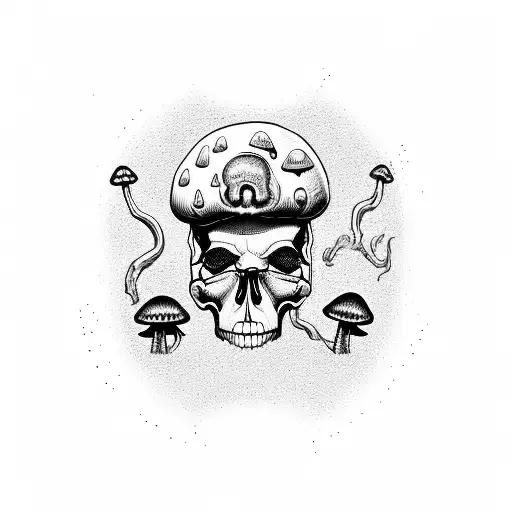upside down skull with mushrooms growing out of it with 5meo dmt molecule chain in the background  tattoo design idea