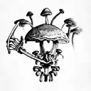 a skeleton and a tent with psychedelic mushrooms and colors  tattoo design idea