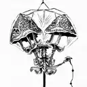 a skeleton and a tent with psychedelic mushrooms and colors  tattoo design idea