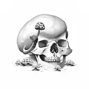 upside down skull with mushrooms growing out of it with 5meo dmt molecule chain in the background  tattoo design idea