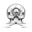 upside down skull with mushrooms growing out of it with 5meo dmt molecule chain in the background  tattoo design idea
