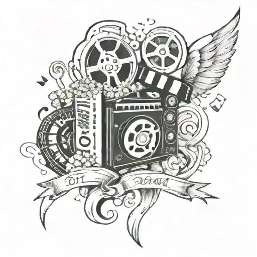 A tattoo of iconic movie symbols like a film reel, popcorn, and a clapperboard intertwined with a music note and angel numbers 555, 666, and 777 tattoo design idea
