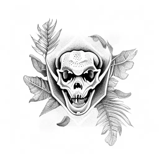 full dinosaur's skeleton with leaves tattoo design idea