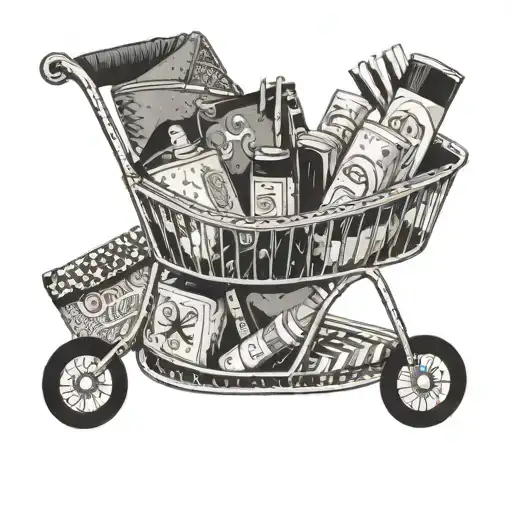 A shopper pushing a cart filled with luxurious purses and packs of cigarettes tattoo design idea