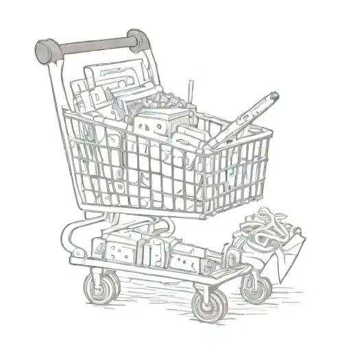 A detailed sketch of a shopping cart filled with designer purses and cigarette packs tattoo design idea