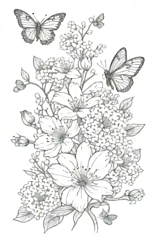 Birth flower of August and May with Baby's Breath flowers and a tiny butterfly over the top tattoo design idea