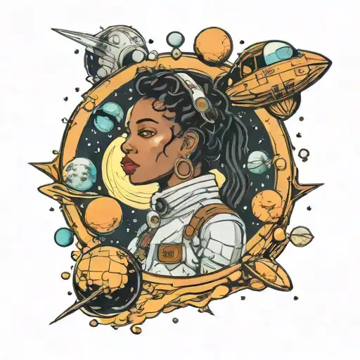 Apollo 13 and black woman and solar system planets tattoo design idea