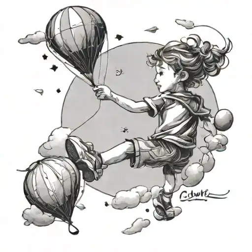 A whimsical design featuring a child flying a kite in a sunny sky filled with colorful balloons tattoo design idea