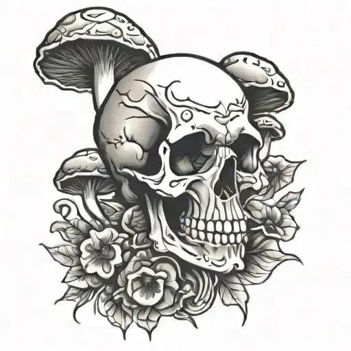 skull and mushrooms tattoo design idea