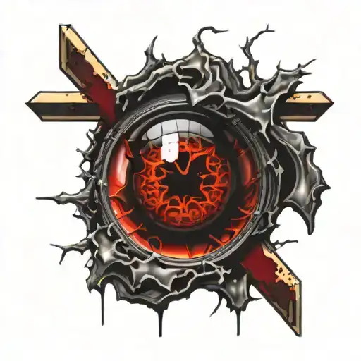 Dark black broke Satanic cross Realistic Eye, cracked and bleeding. dark black and blood red. golden cross. demonic tattoo design idea