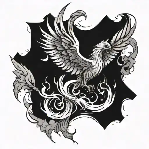 A sketch style tattoo of a phoenix rising from the ashes with subtle Harry Potter and Star Wars symbols tattoo design idea