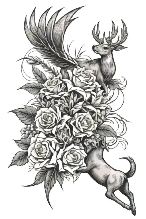 oil rig, semi truck, wheat stalk intertwined, Rose, Lily, deer antler, doves flying tattoo design idea