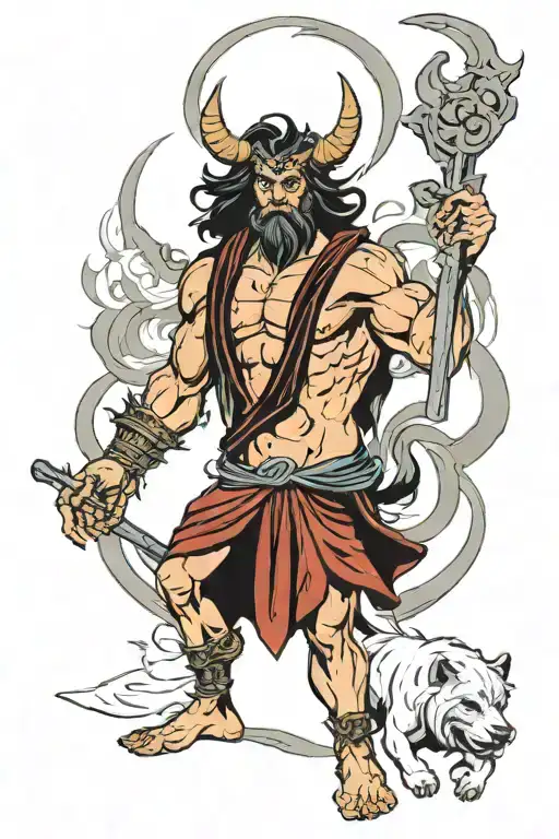 hades with cerberus standing behind him back tattoo design idea