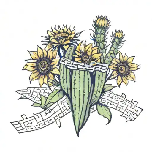 crossword puzzle, cactus leading towards, longhorn, sunflowers tattoo design idea