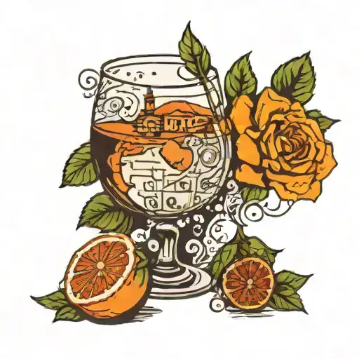 An orange with a map of Sicily, a glass of wine and roses inside it  tattoo design idea
