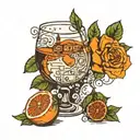 An orange with a map of Sicily, a glass of wine and roses inside it  tattoo design idea