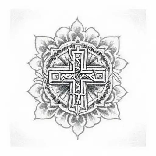 An intricately detailed Orthodox cross surrounded by geometric patterns tattoo design idea