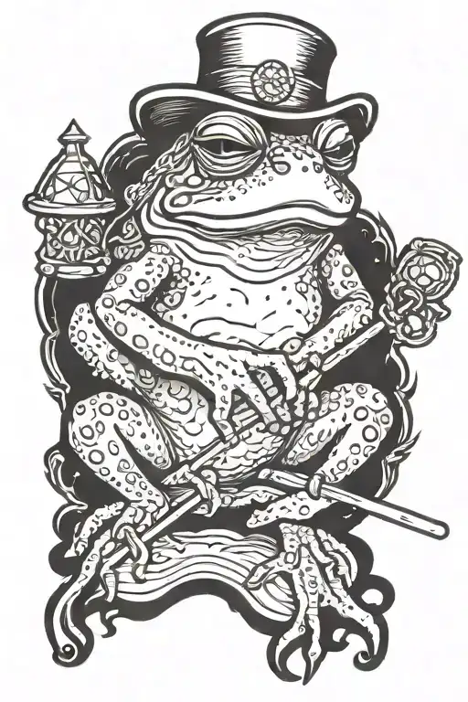 traveling frog holding a magical staff with a magic crystal on top with a long white beard  tattoo design idea