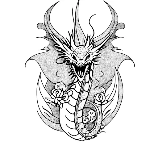 Dragon flash with some flowers few detail tattoo design idea