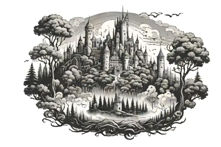 The top of the forest above which towers the castle of higher beings, the forest is covered with fog and darkness, while the castle is shining and floating in the sky tattoo design idea