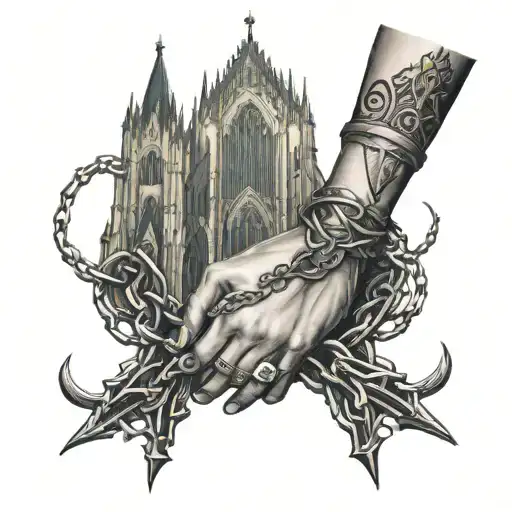 wrist tatoo of chains and gothic cathedral vibe tattoo design idea