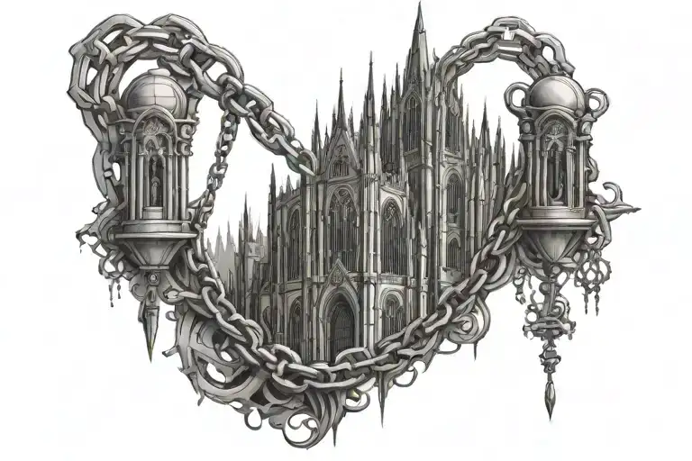 chains and gothic cathedral vibe tattoo design idea