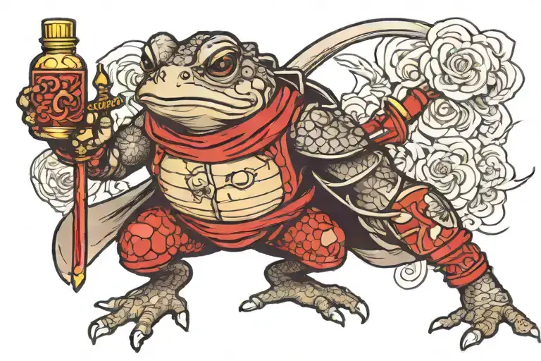 draw a toad in samurai armor with a katana and a sake bottle in Japanese style using black and red colors tattoo design idea