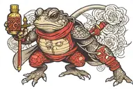 draw a toad in samurai armor with a katana and a sake bottle in Japanese style using black and red colors tattoo design idea