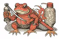 draw a toad in samurai armor with a katana and a sake bottle in Japanese style using black and red colors tattoo design idea