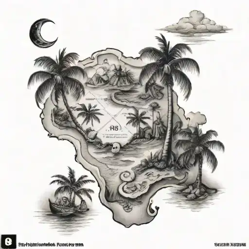create a realistic image of a treasure map with my child's face, waves and palm trees in black and white tattoo design idea