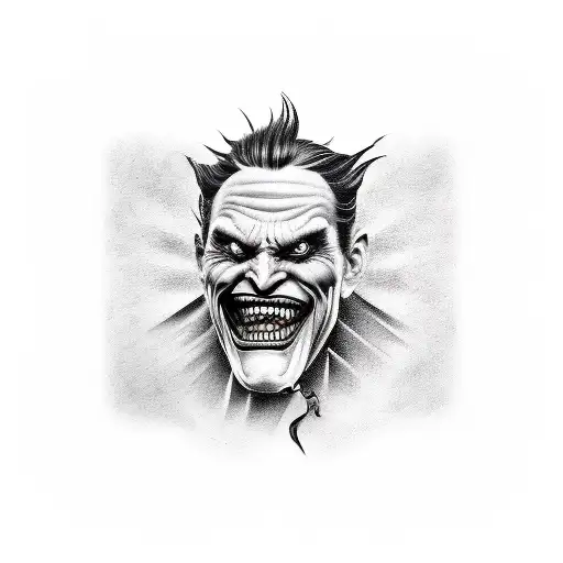Black and white realistic tattoo, portrait of evil joker, on man's shoulder tattoo design idea
