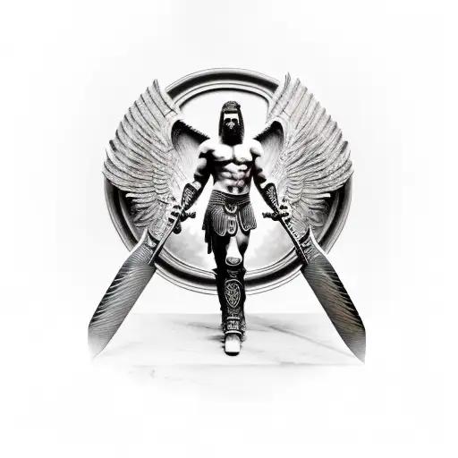 realistic tattoo, Gladiator angel with his head down, kneeling on the ground, with a sword in his hand and a shield in t tattoo design idea