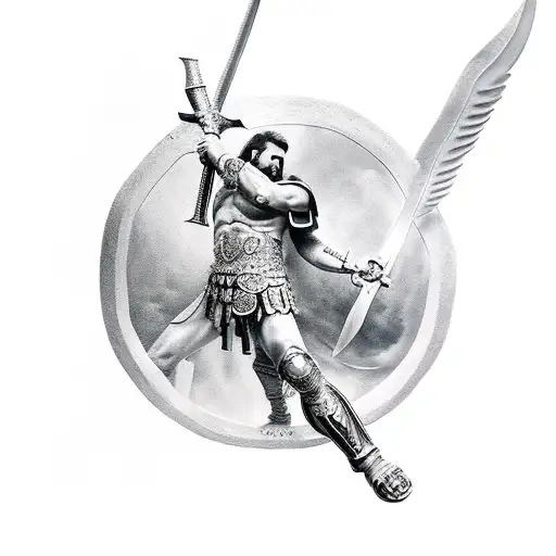 realistic tattoo, Gladiator angel with his head down, kneeling on the ground, with a sword in his hand and a shield in t tattoo design idea