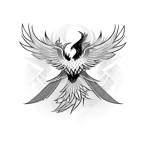 phoenix with long tail, black and grey, with geometric shapes tattoo design idea