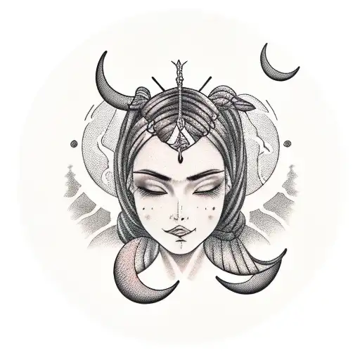 Elegant Female Hermit with crescent moon and cypress in background tattoo design idea