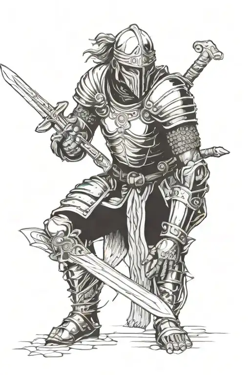 Viningo warrior kneeling after fighting a great battle, with wounds and a large sword that he uses to support himself tattoo design idea