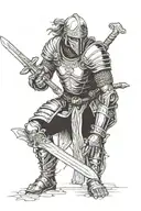 Viningo warrior kneeling after fighting a great battle, with wounds and a large sword that he uses to support himself tattoo design idea